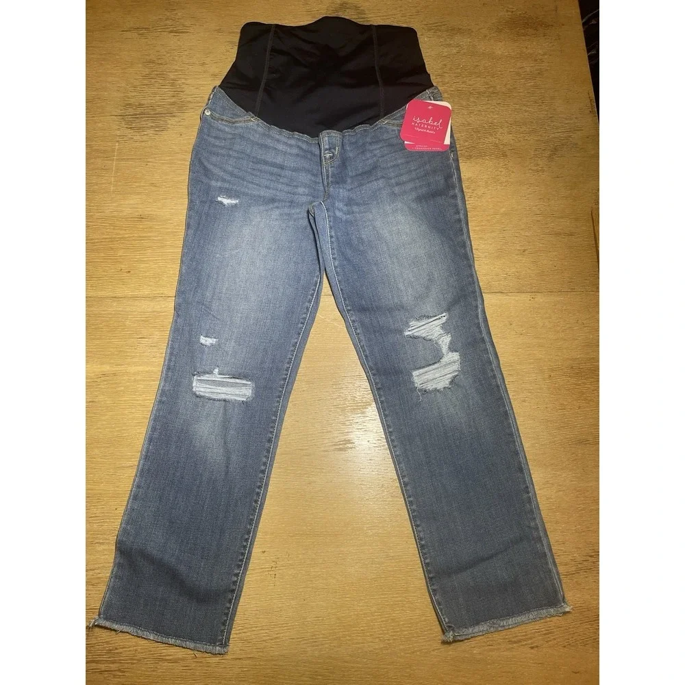 NWT Isabel Maternity Straight Crop Jeans Size 6 Crossover Belly Panel Distressed
